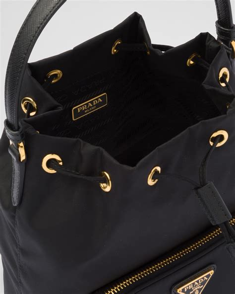 prada nylon and leather bucket bag|nylon Prada duet shoulder bag.